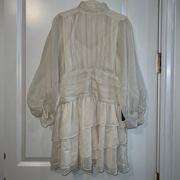 Express Mock Neck Long Sleeve Pleated Waist Tiered Ruffle Mini Dress - Picture 2 of 10